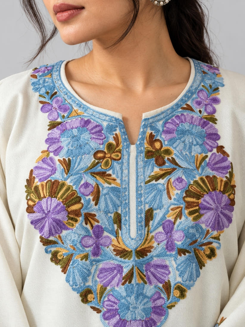 White Kashmiri Pheran with  Floral Embroidery | Aari Embroidered Wool Phiran