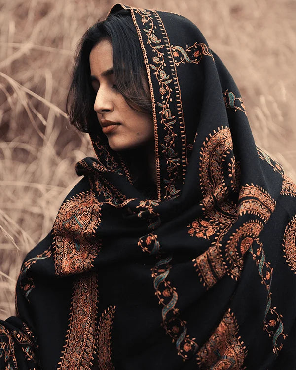 Black Tusha Shawl with Sozni Handwork Embroidery - KaarKash