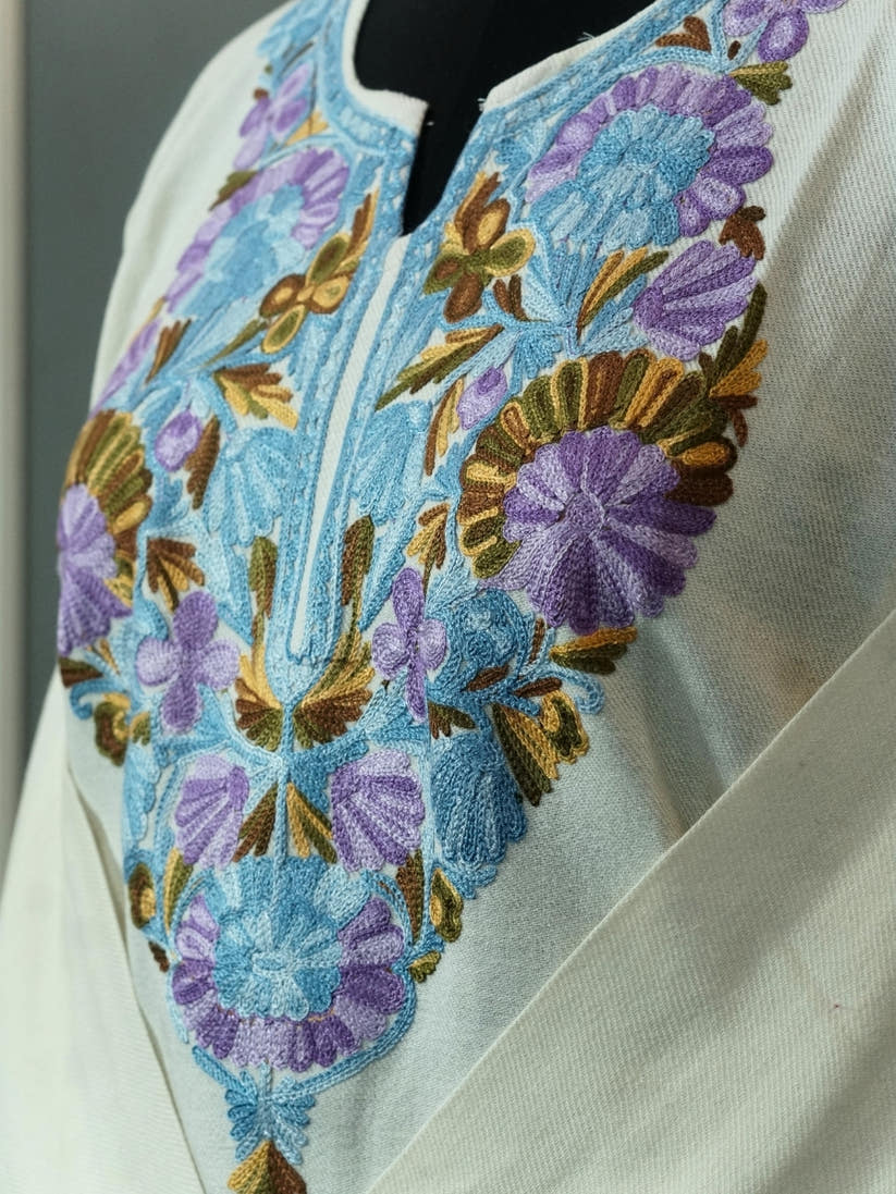 White Kashmiri Pheran with  Floral Embroidery | Aari Embroidered Wool Phiran