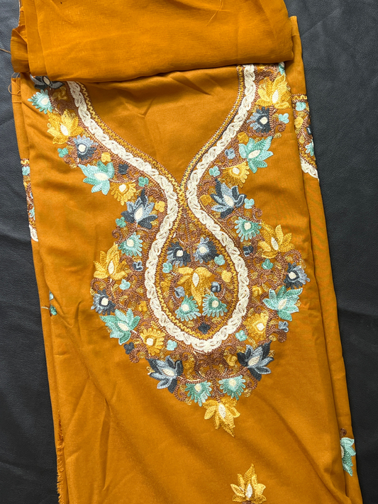 Kashmiri Botti Aari 3 Piece Unstitched Suit  | Mustard Yellow