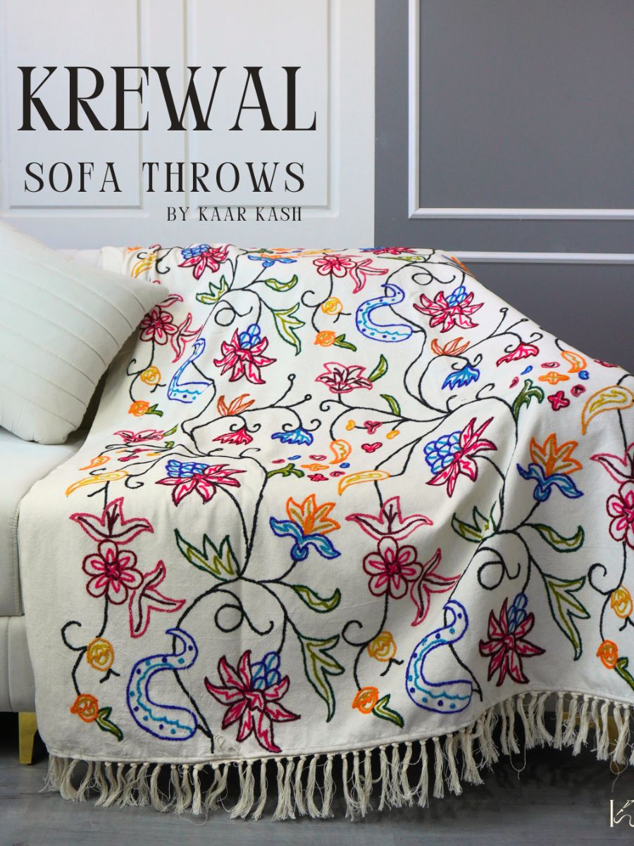 Gulistan Hand-Embroidered Krewel Sofa Throw Bedcover - KaarKash