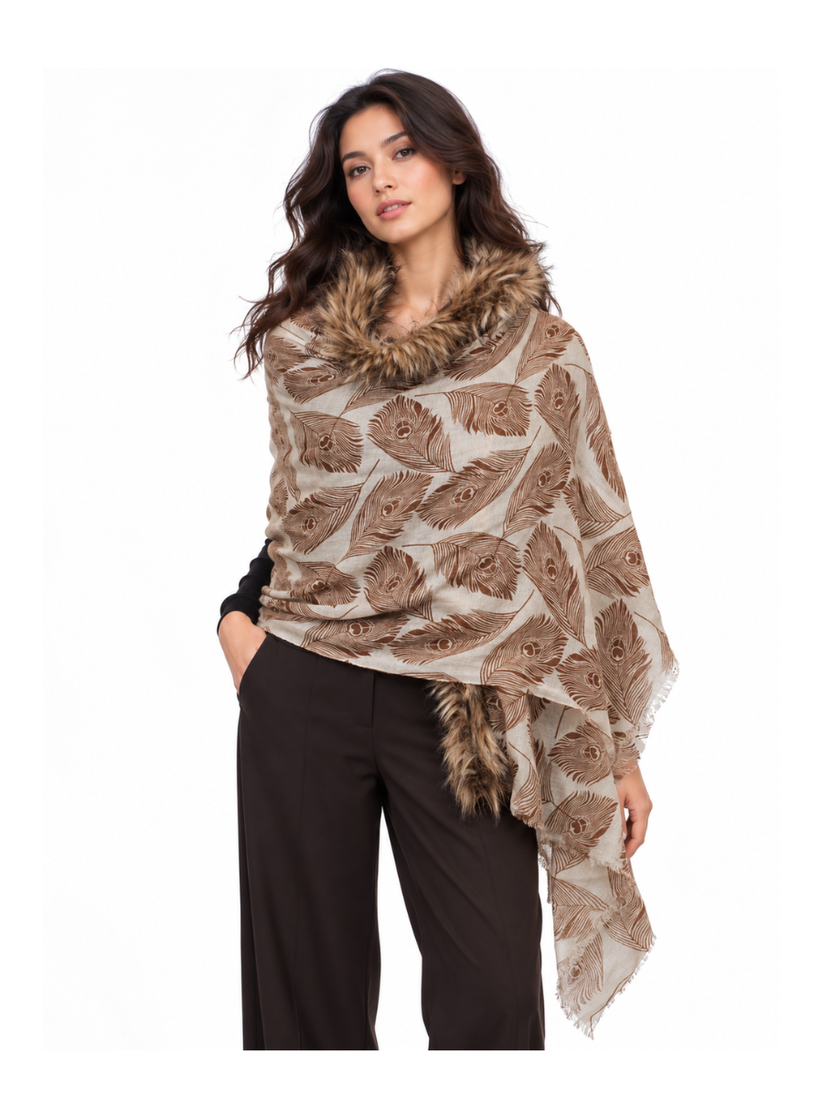 Autumn Plume Shawl with Faux-Fur Border
