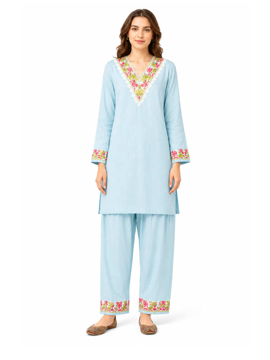 Noor : Kashmiri Aari embroidery summer Co-Ord Set | Aqua