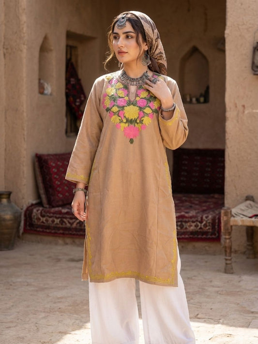 Kashmiri Aari Embroidered Phiran – yellow,green,pink |Hazelwood