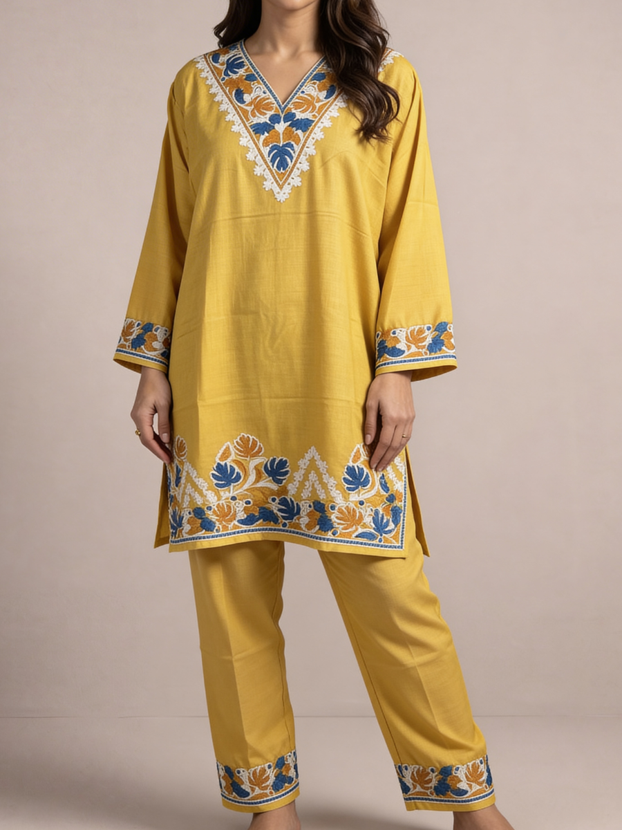 Noor : Aari embroidery summer Co-Ord Set | Gold