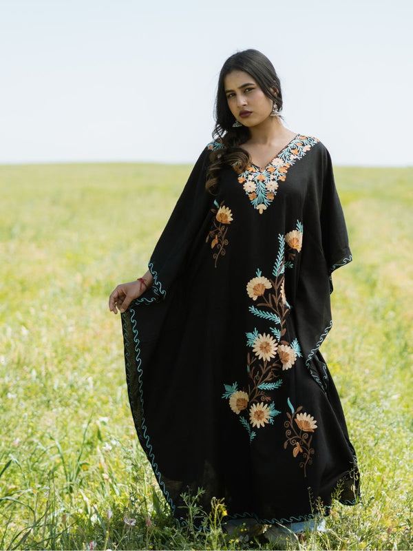 Harvest Night Cotton Kaftan with Sunlit Marigold Aari Embroidery - KaarKash