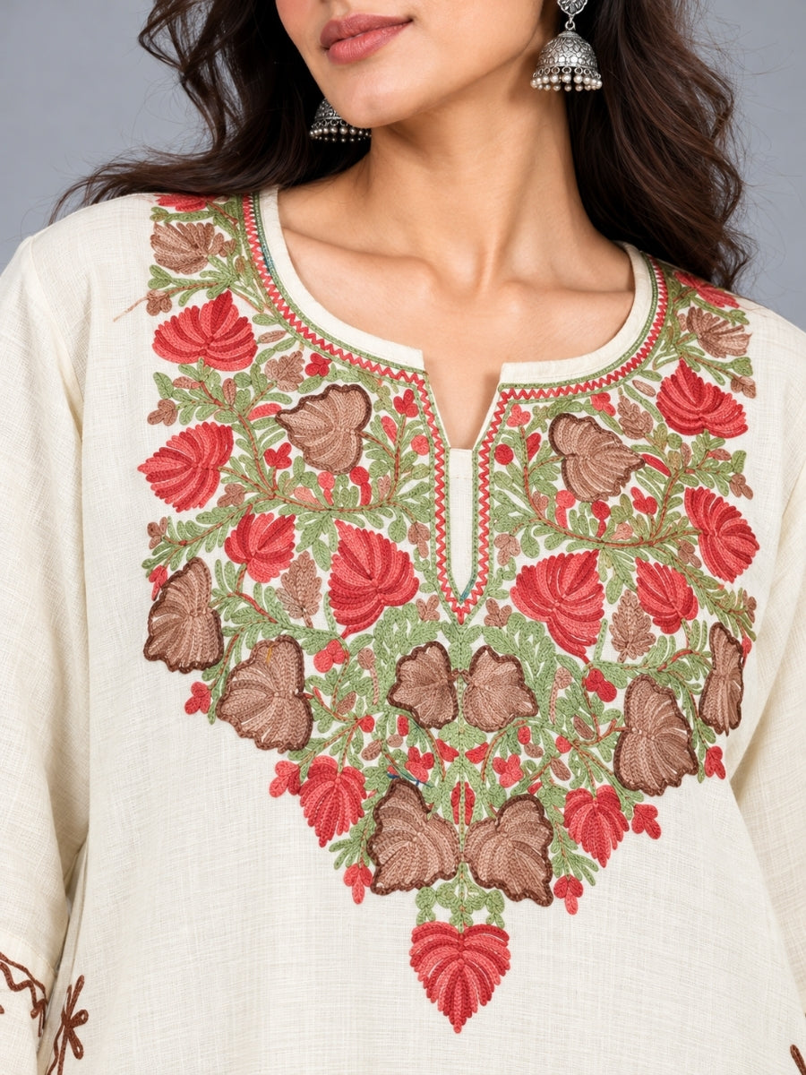 White Kashmiri Pheran with  Floral Embroidery | Aari Embroidered Wool Phiran