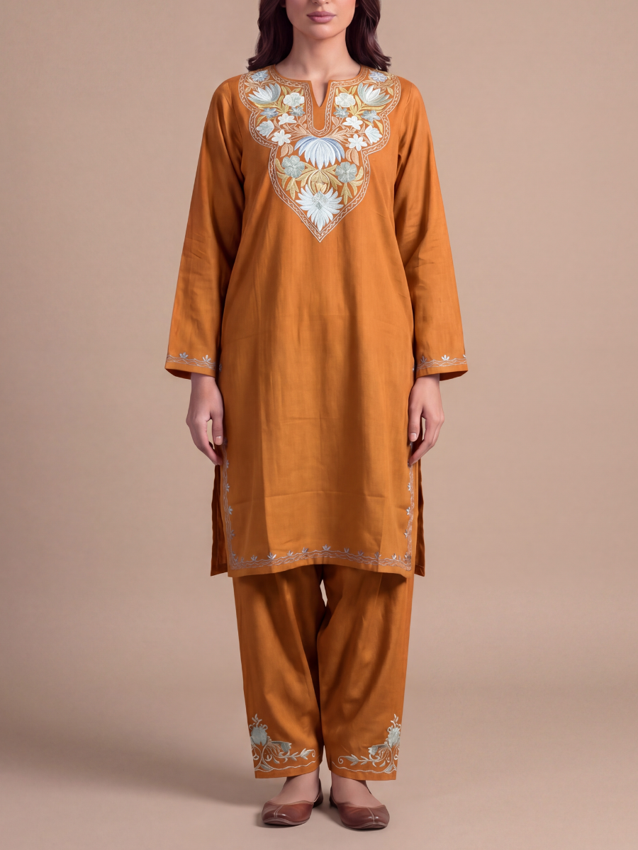Kashmir Aari cotton Co-Ord Set | Brown