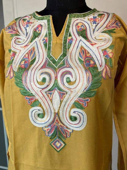 Noor : Aari embroidery summer kurti | Mustard