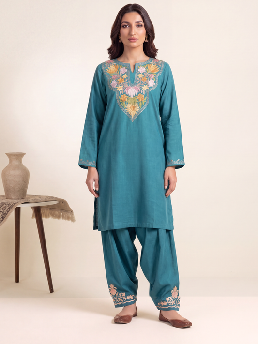 Kashmir Aari cotton Co-Ord Set | Dark Teal