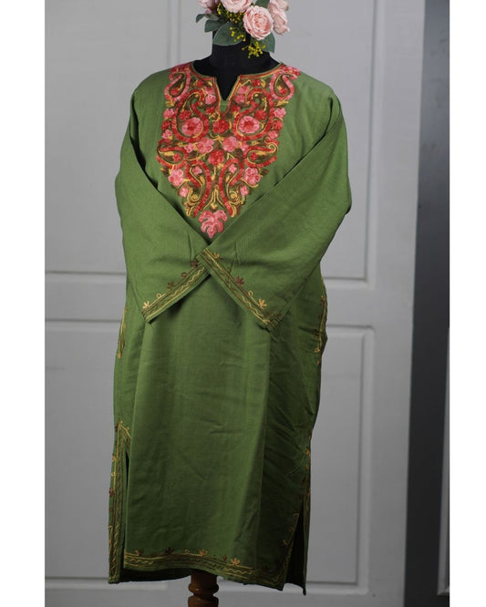 Kashmiri Aari Embroidered Phiran – Light Blue, Pink & Purple | Olive Green