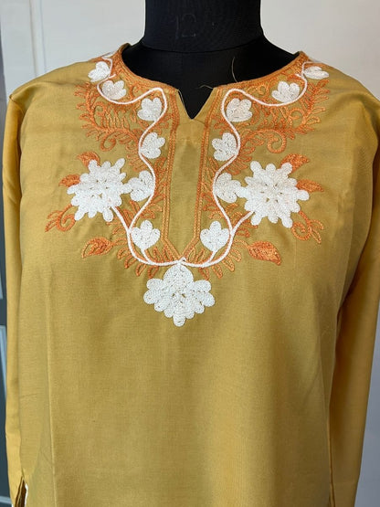 Noor : Aari embroidery summer kurti | Mustard