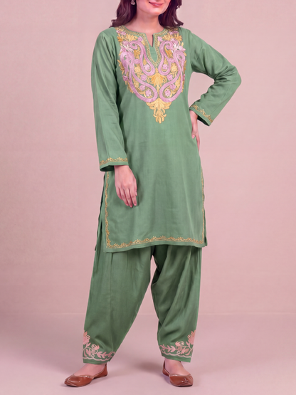 Kashmir Aari cotton Co-Ord Set | Light Green