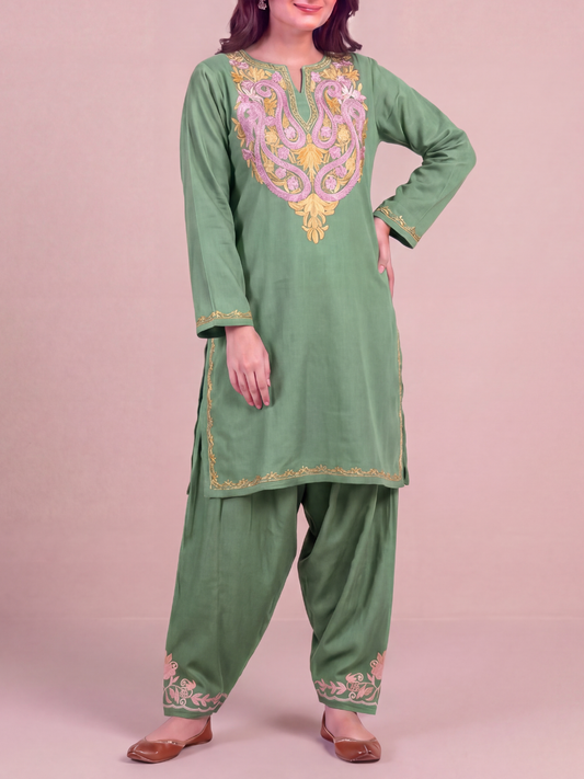 Kashmir Aari cotton Co-Ord Set | Light Green