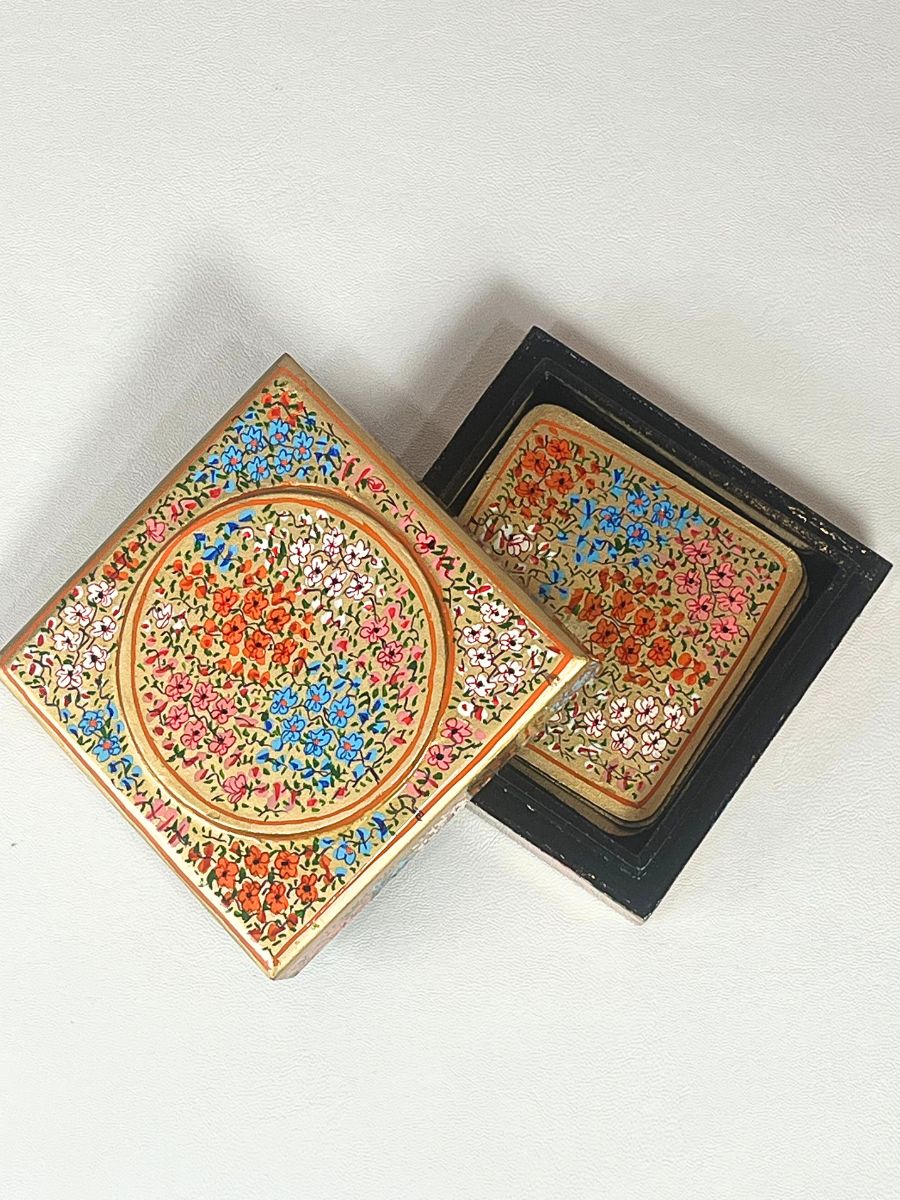 Blue Three Flowers Handmade Paper Mache Coaster Box - KaarKash