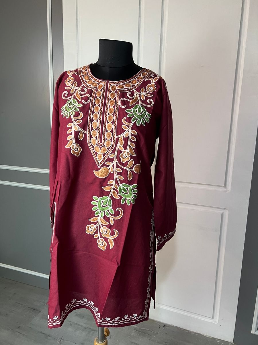Noor : Aari embroidery summer kurti | Dark Red