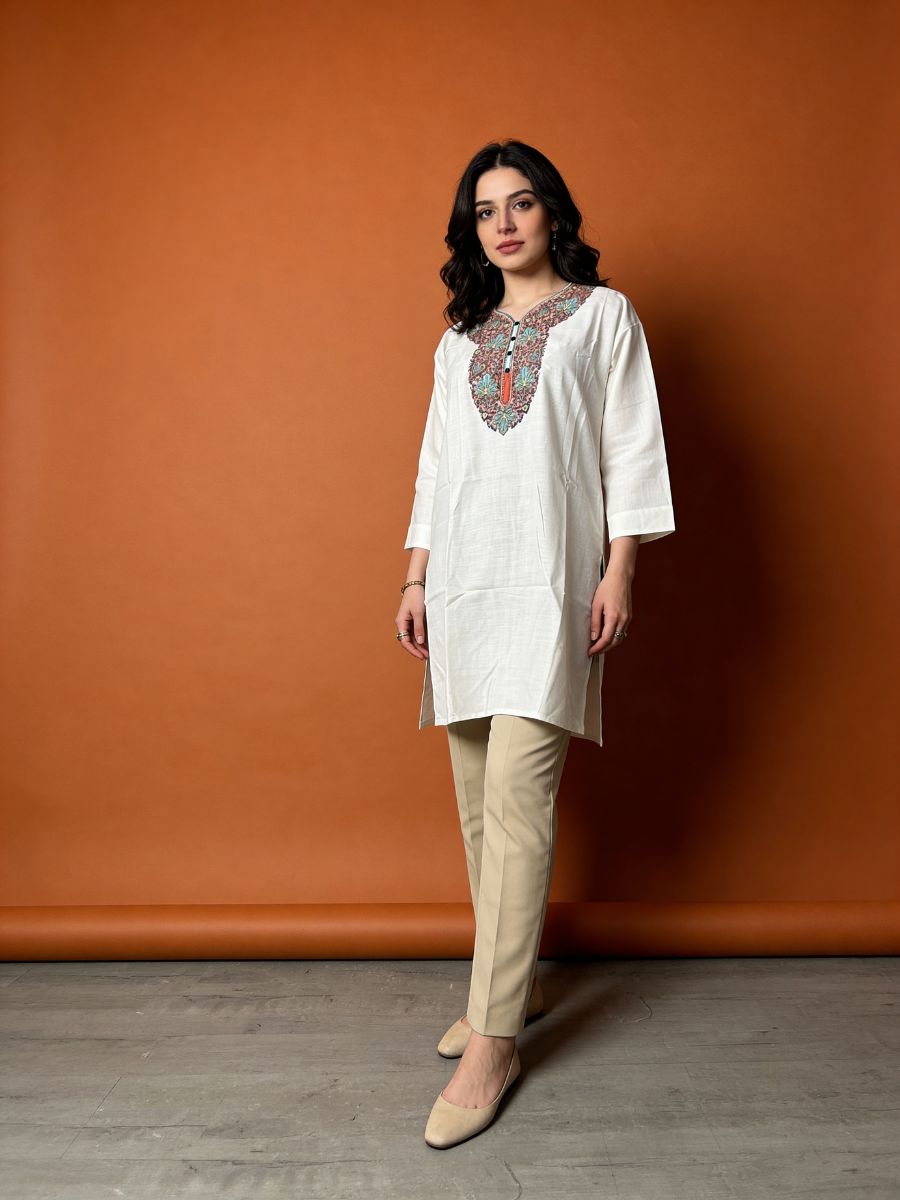 Noor : Aari embroidery summer kurti |Light Gray