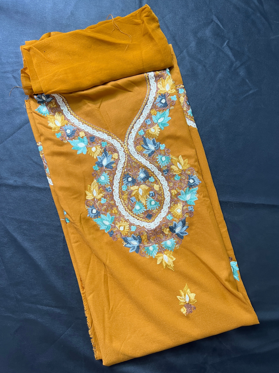 Kashmiri Botti Aari 3 Piece Unstitched Suit  | Mustard Yellow