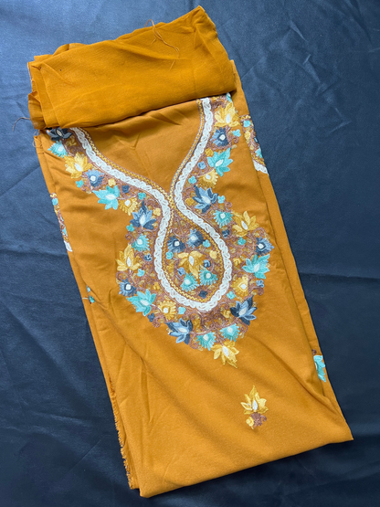 Kashmiri Botti Aari 3 Piece Unstitched Suit  | Mustard Yellow