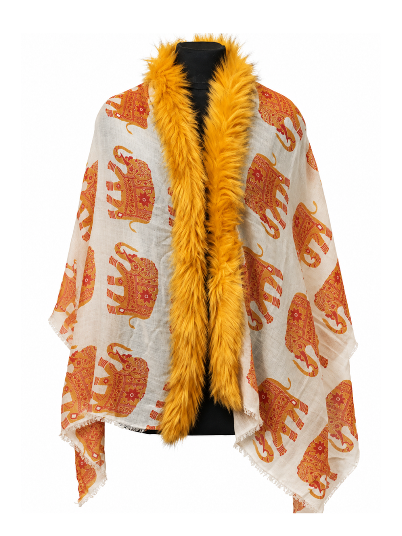 Saffron Gold Printed Shawl with Textured Fur Trim
