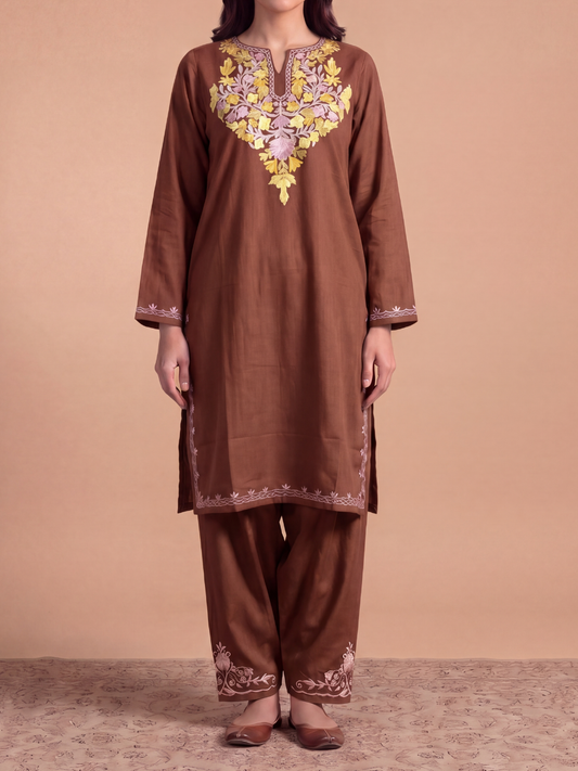 Kashmir Aari cotton Co-Ord Set | Grayish Brown
