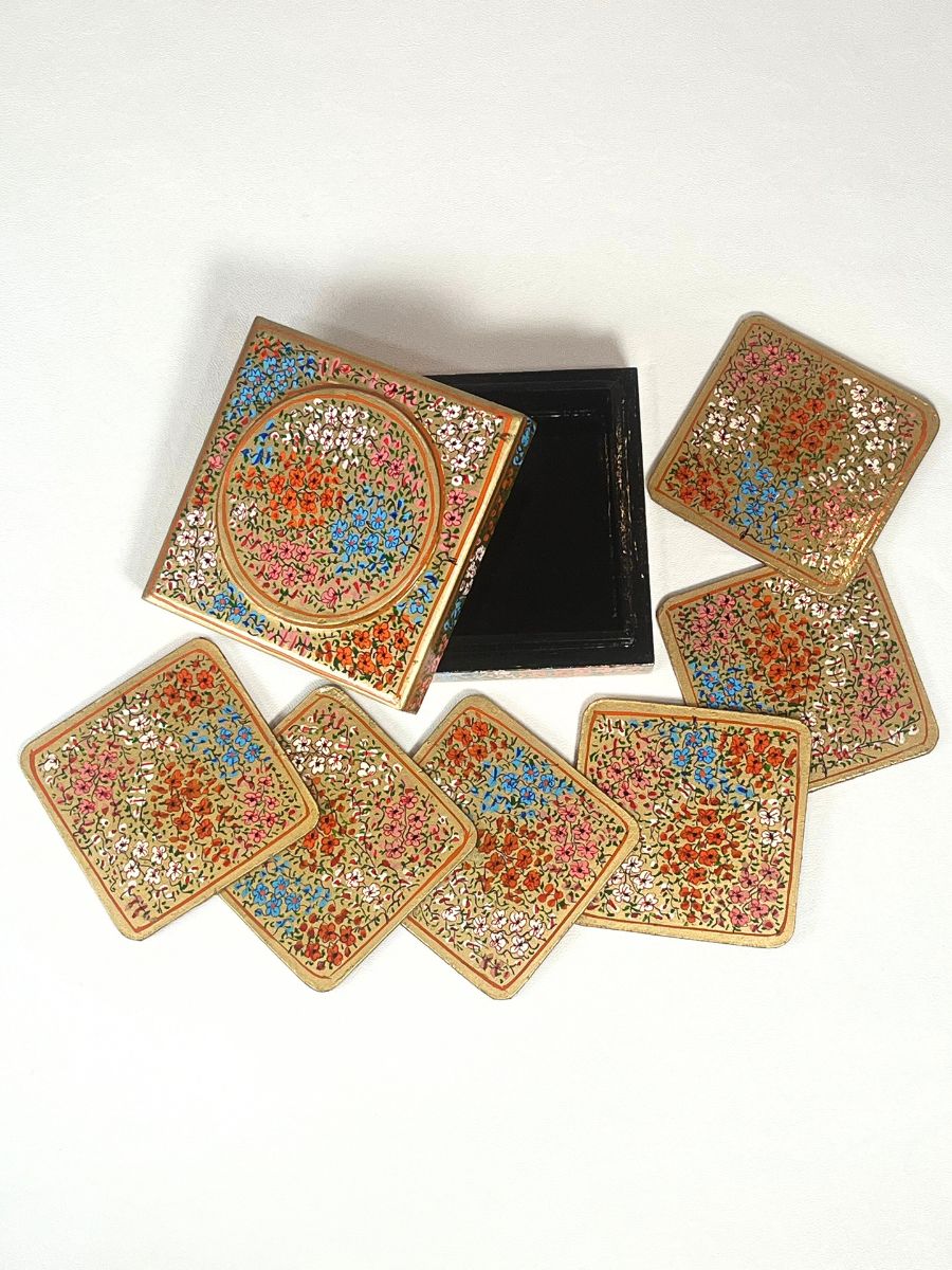 Blue Three Flowers Handmade Paper Mache Coaster Box - KaarKash