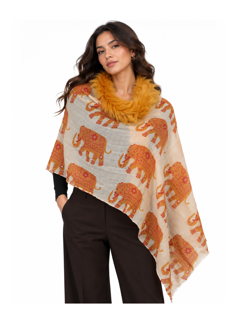Saffron Gold Printed Shawl with Textured Fur Trim