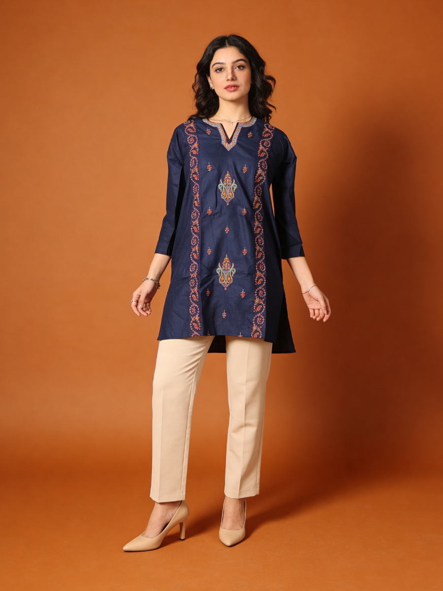 Noor : Sozni embroidery summer kurti | Royal Indigo
