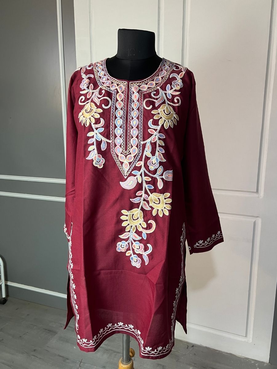 Noor : Aari embroidery summer kurti | Dark Red
