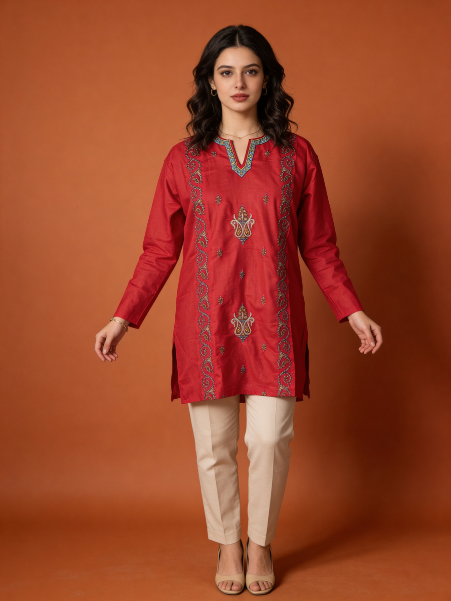 Noor : Sozni embroidery summer kurti | Red
