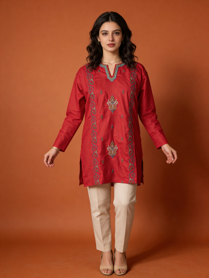 Noor : Sozni embroidery summer kurti | Red