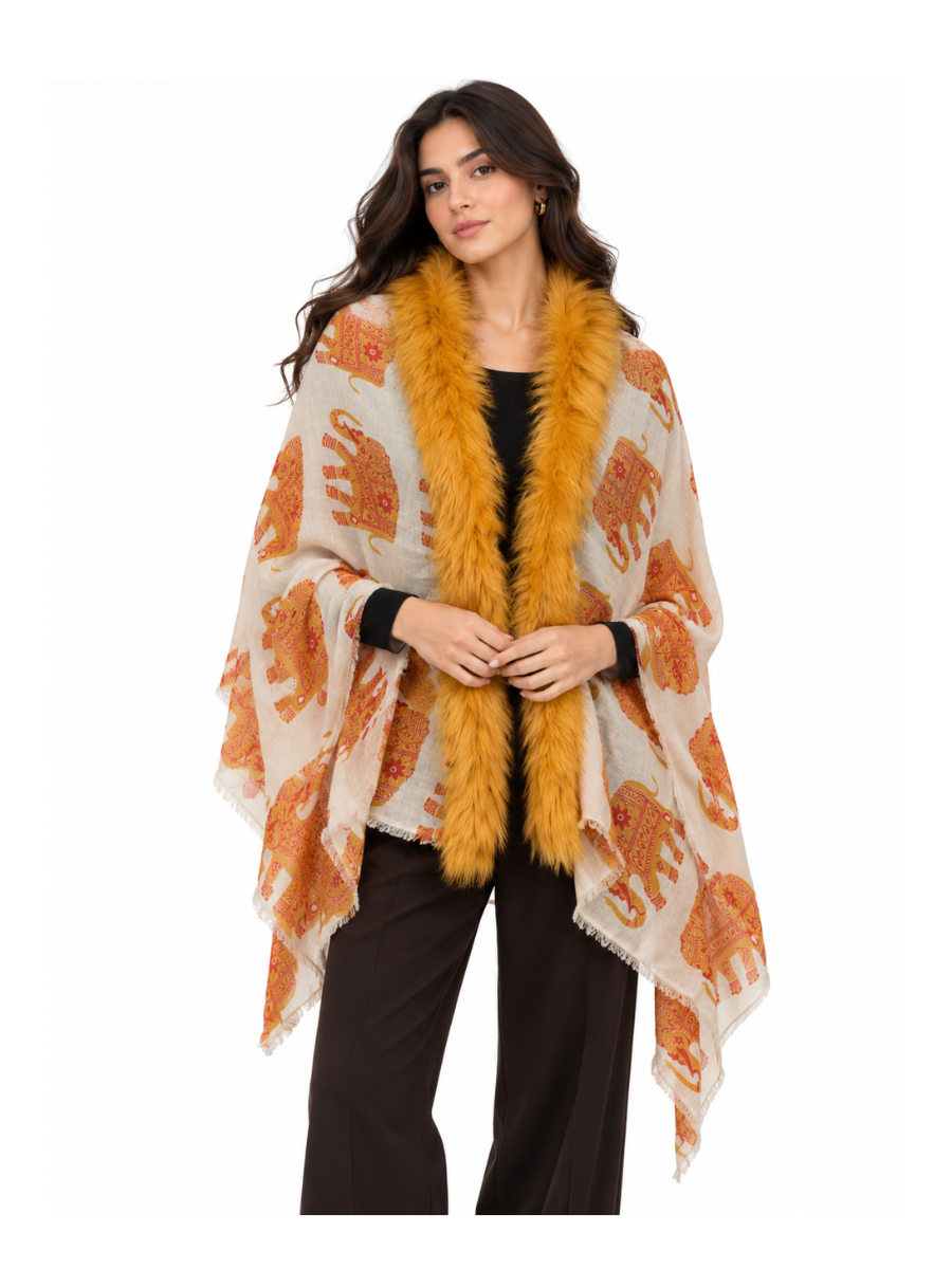 Saffron Gold Printed Shawl with Textured Fur Trim