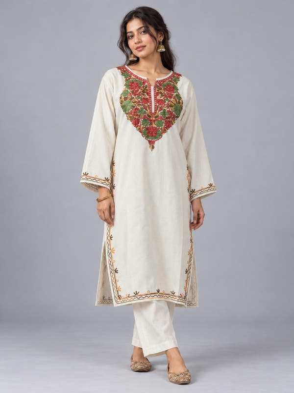 White Kashmiri Pheran with Red & Green Floral Embroidery – KAARKASH