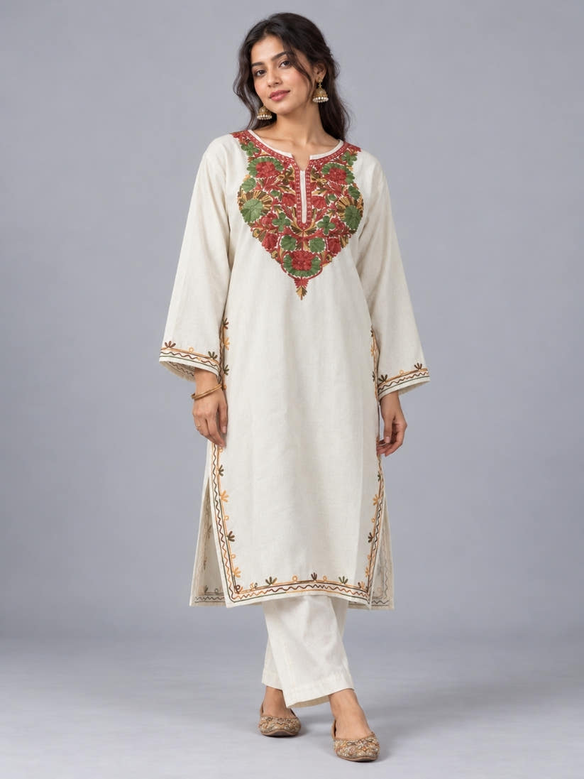 White Kashmiri Pheran with  Floral Embroidery | Aari Embroidered Wool Phiran