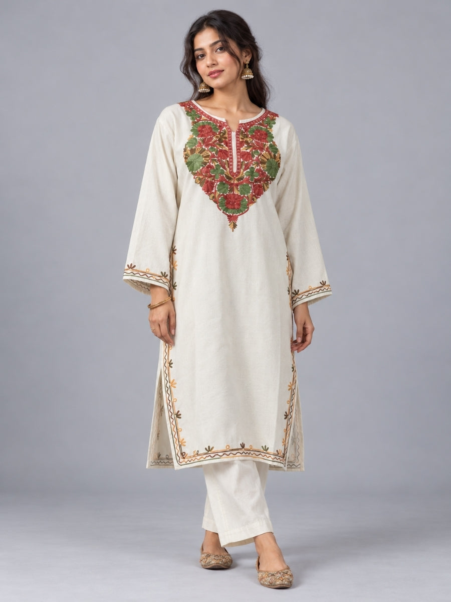 White Kashmiri Pheran with  Floral Embroidery | Aari Embroidered Wool Phiran
