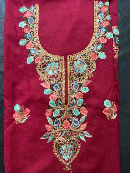 Kashmiri Botti Aari 3 Piece Unstitched Suit  | Red