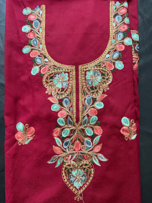 Kashmiri Botti Aari 3 Piece Unstitched Suit  | Red