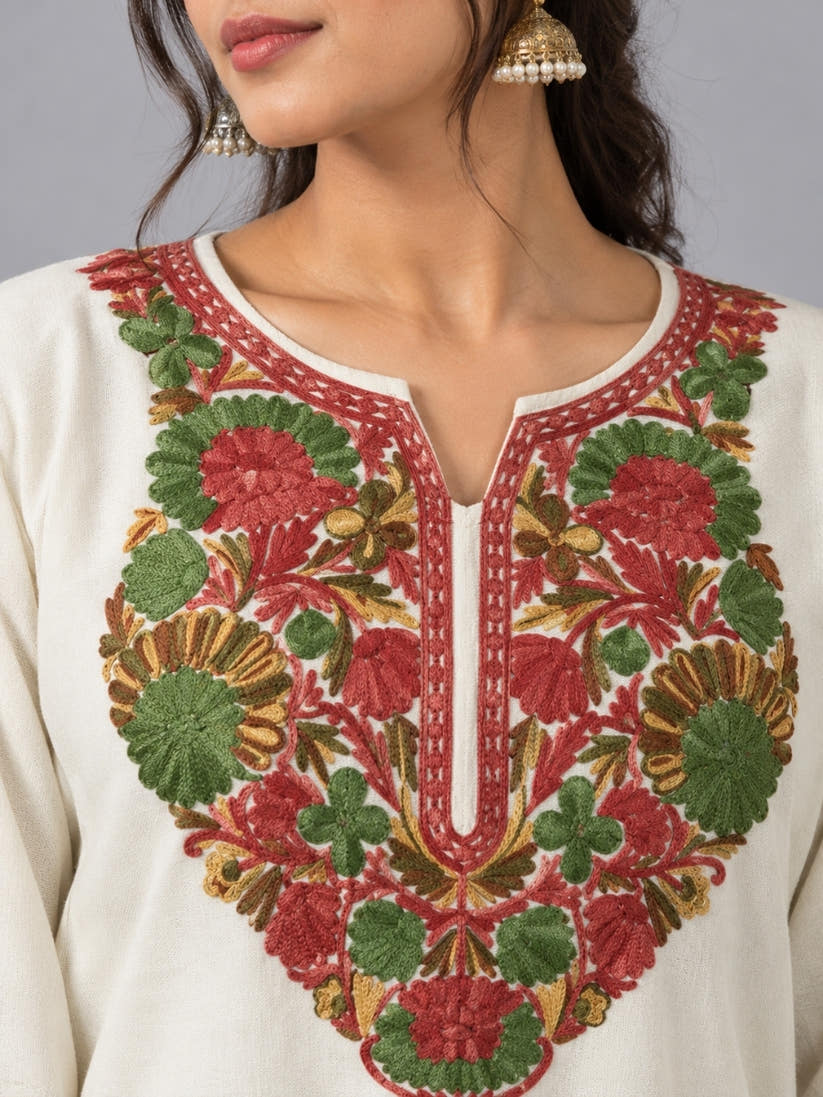 White Kashmiri Pheran with  Floral Embroidery | Aari Embroidered Wool Phiran