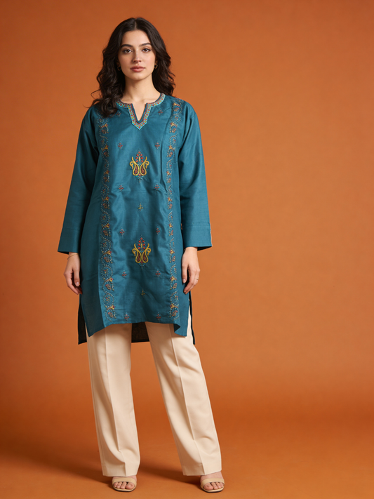 Noor : Sozni embroidery summer kurti | Dark Teal