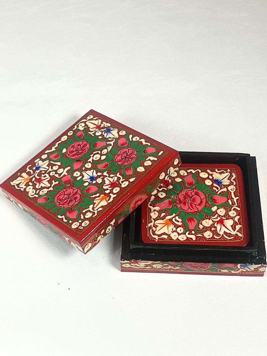 Multicolor Florets Square Paper Mache Coaster Set - KaarKash