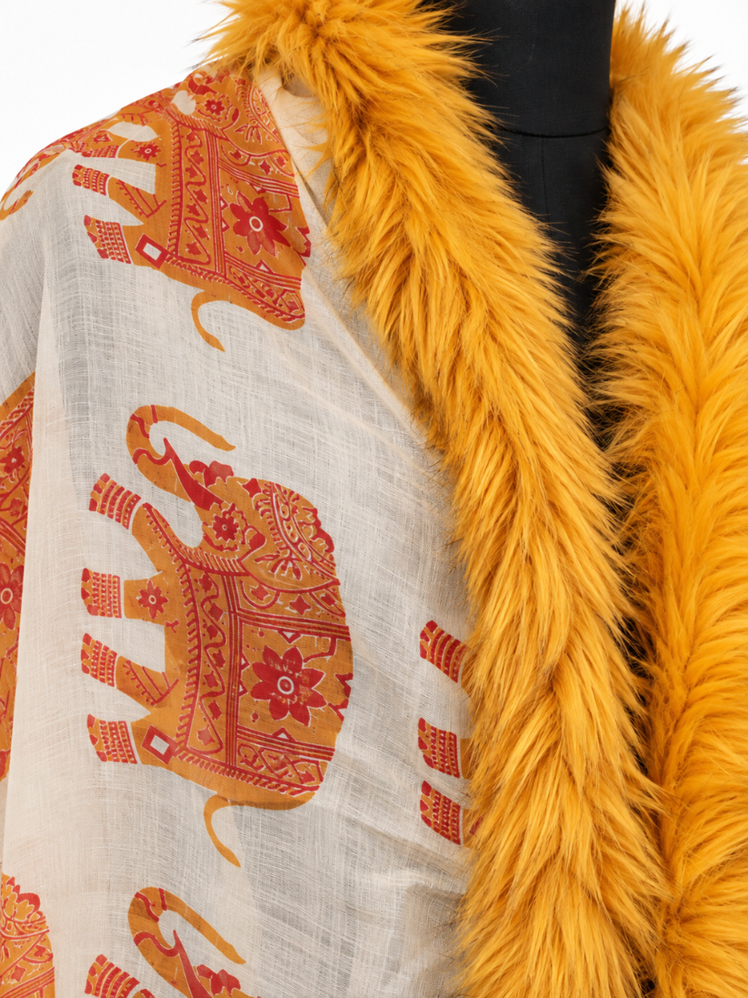 Saffron Gold Printed Shawl with Textured Fur Trim