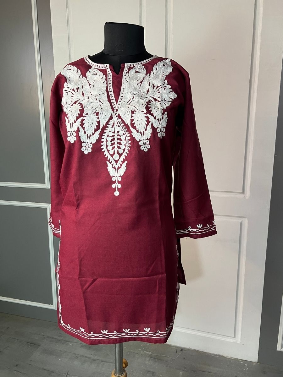 Noor : Aari embroidery summer kurti | Dark Red