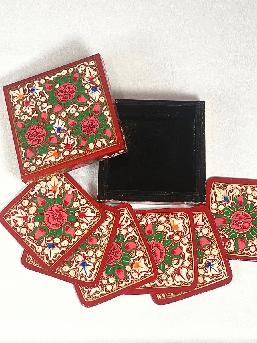 Multicolor Florets Square Paper Mache Coaster Set - KaarKash