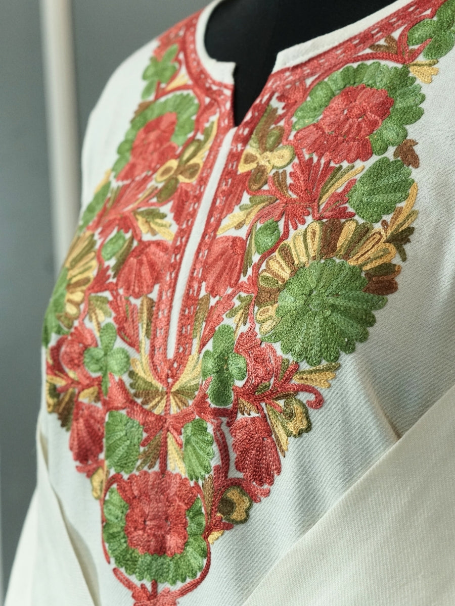 White Kashmiri Pheran with  Floral Embroidery | Aari Embroidered Wool Phiran