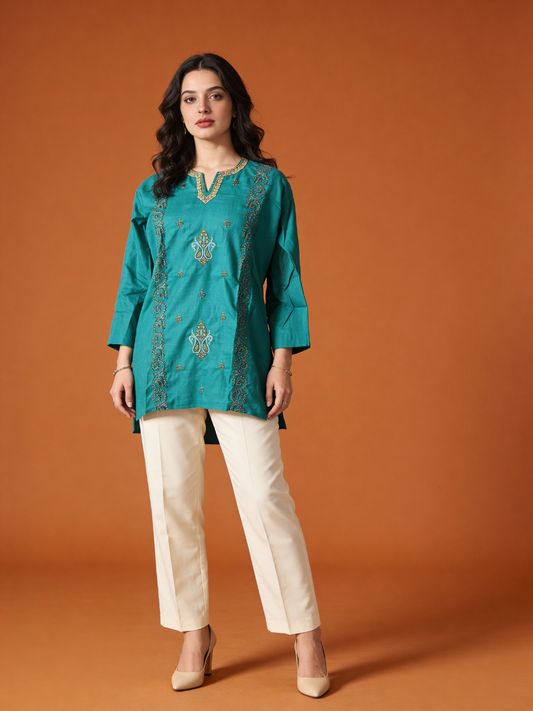 Noor : Sozni embroidery summer kurti | Dark Teal