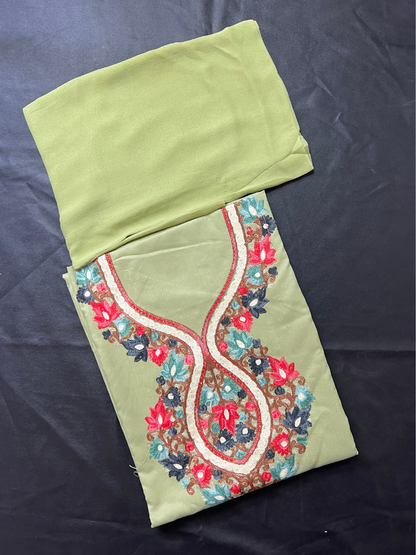 Kashmiri Botti Aari 3 Piece  Unstitched Suit | Olive Green