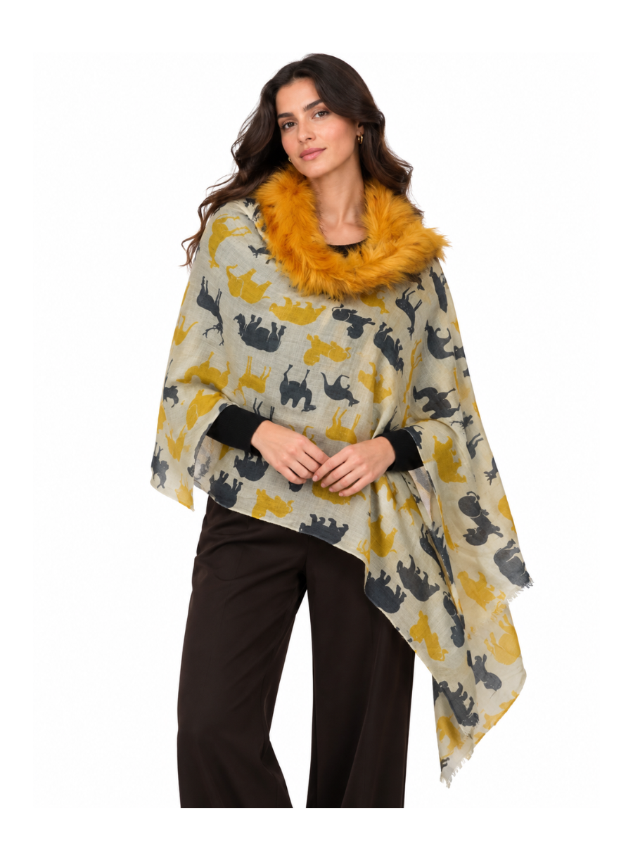 Wild Aura Printed Wrap with Golden Fur Trim