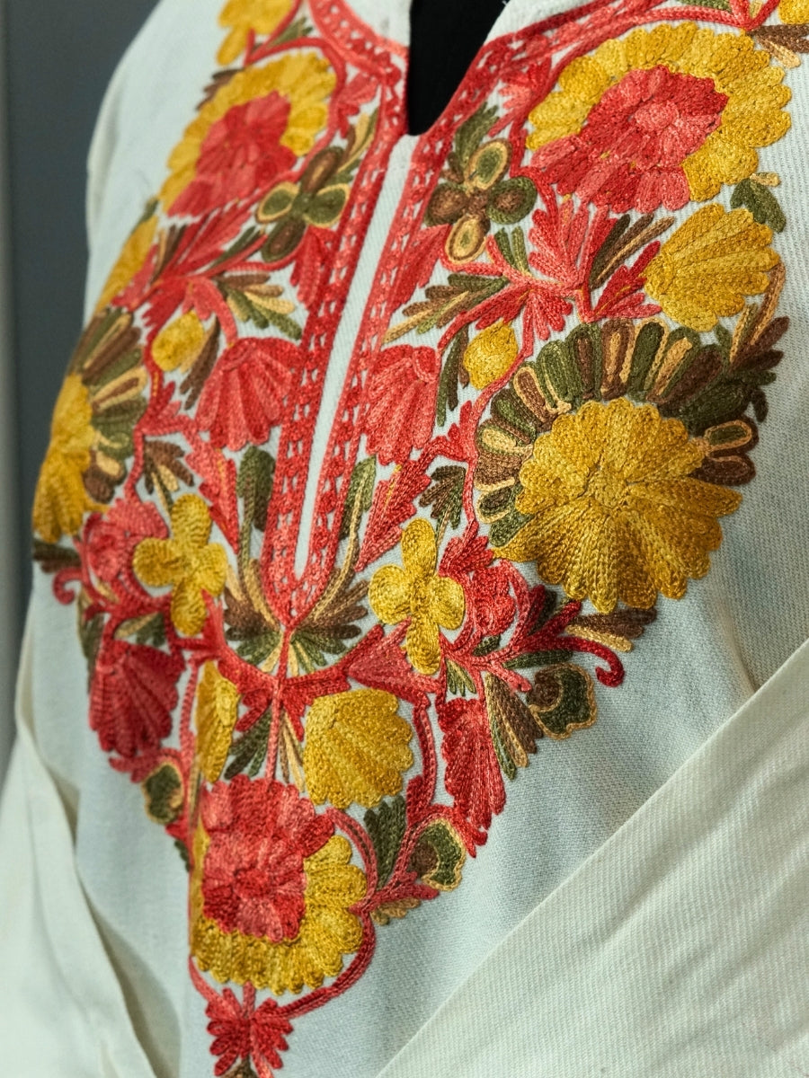 White Kashmiri Pheran with  Floral Embroidery | Aari Embroidered Wool Phiran
