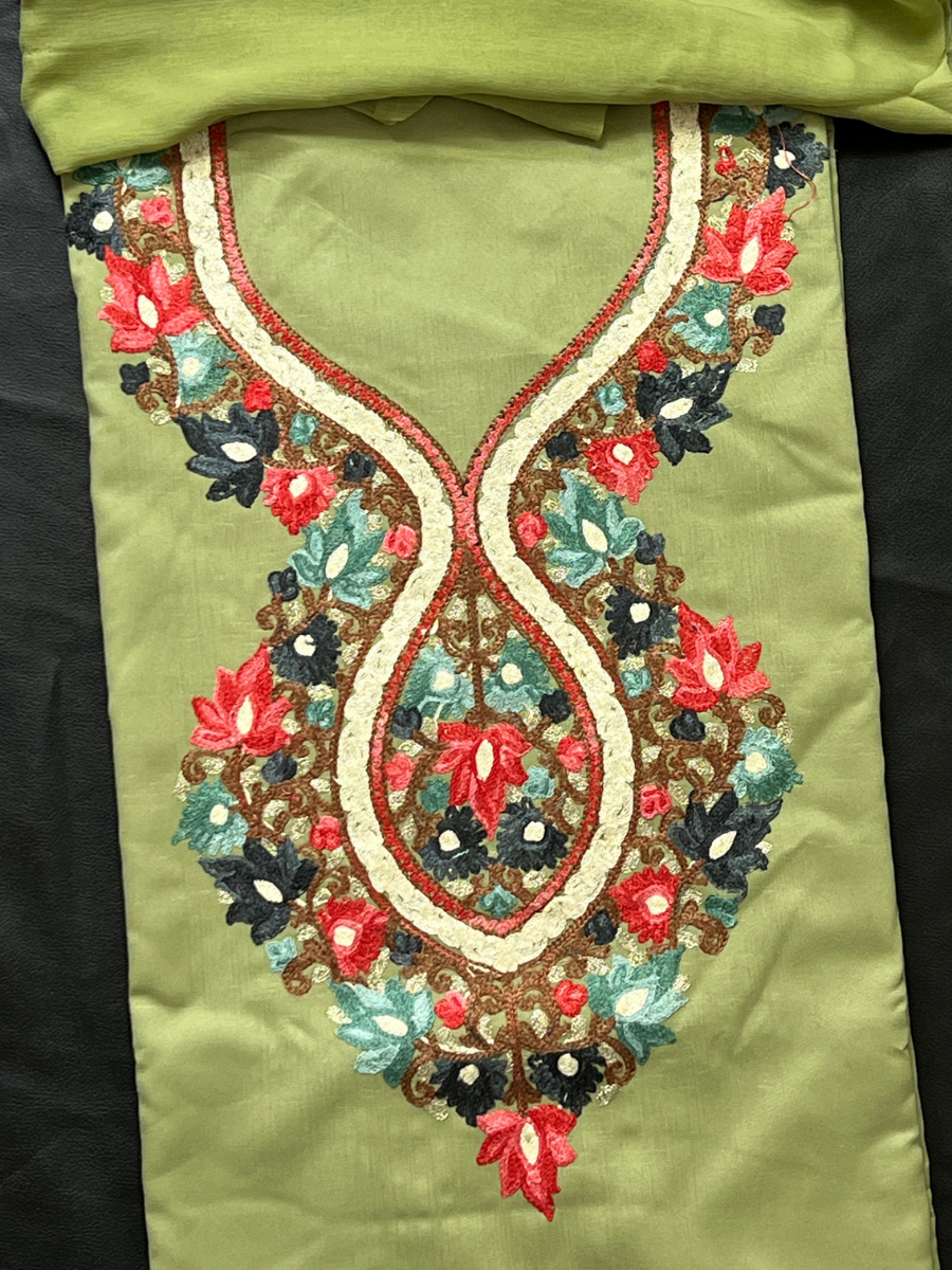 Kashmiri Botti Aari 3 Piece  Unstitched Suit | Olive Green