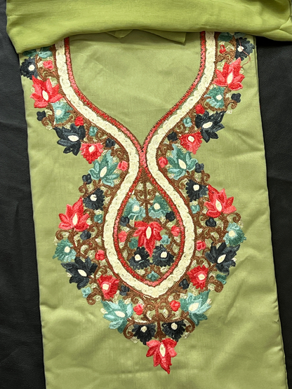 Kashmiri Botti Aari 3 Piece  Unstitched Suit | Olive Green